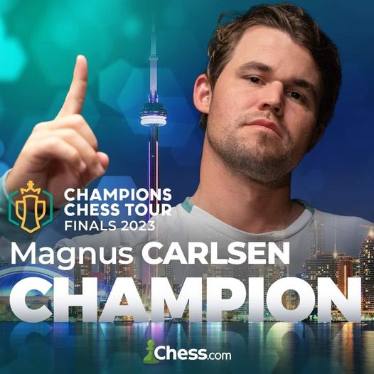 Có thể là hình ảnh về 1 người và văn bản cho biết 'CHAMPIONS CHESS TOUR FINALS 2023 Magnus CARLSEN CHAMPION Chess.com'